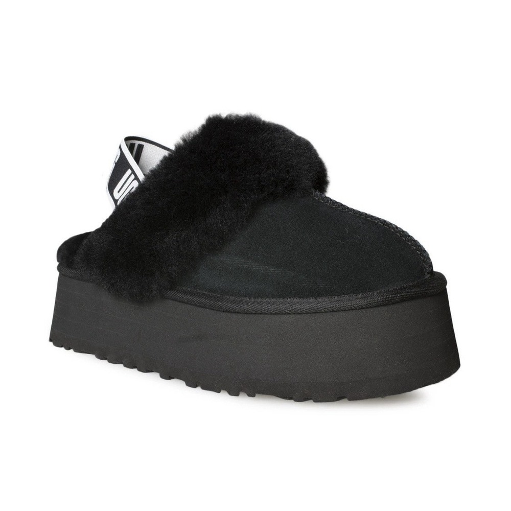 UGG FUNKETTE BLACK SUEDE SHEEPSKIN STRAP PLATFORM WOMEN'S SLIPPERS SIZE 10